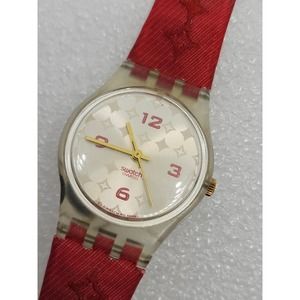 Swatch 1999 Vintage Swiss Silver Steelers Stars Dial Watch Weaved Red Fabric top